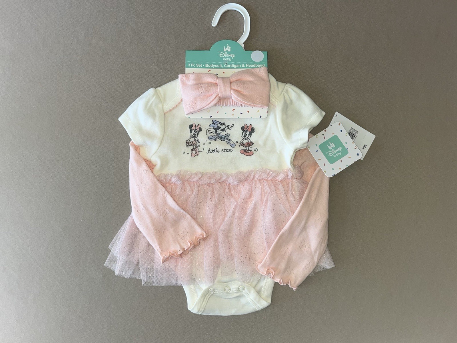 Disney Baby Girls Minnie Mouse Newborn Short Sleeve Bodysuit, Cardigan & Bow-New
