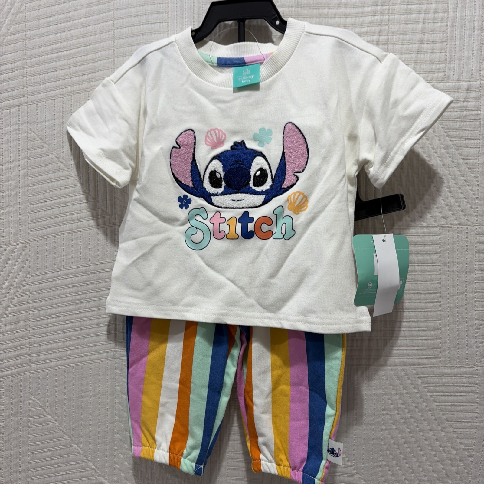 Disney Baby Stitch Outfit Size 0/3m Shirt Top Pants Stripes Festival Party Play