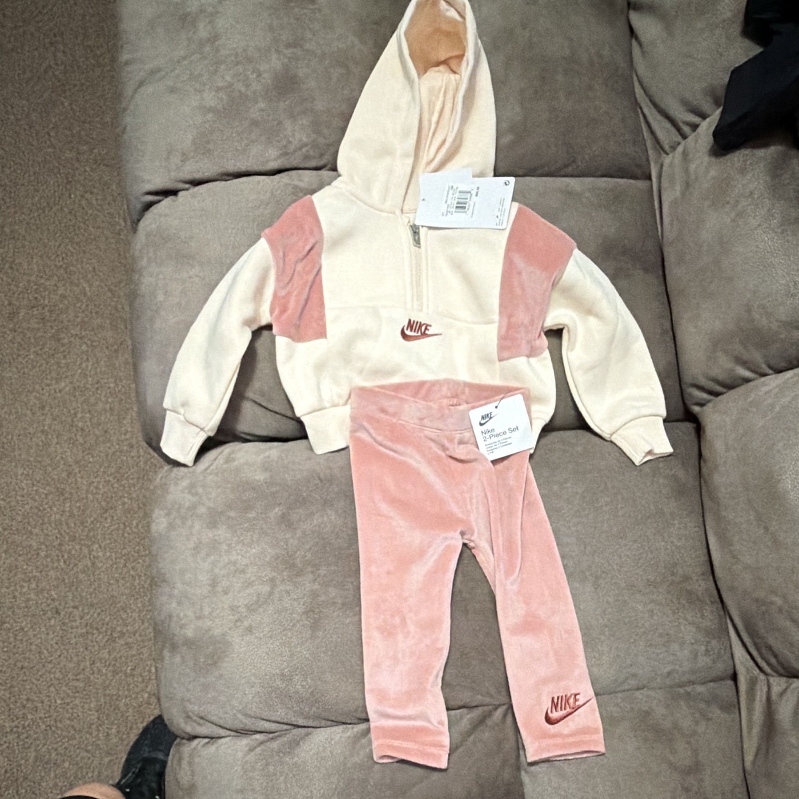 Nike 2-Piece Velour Hoodie & Pants Set Colorblock Pink/Beige 12M