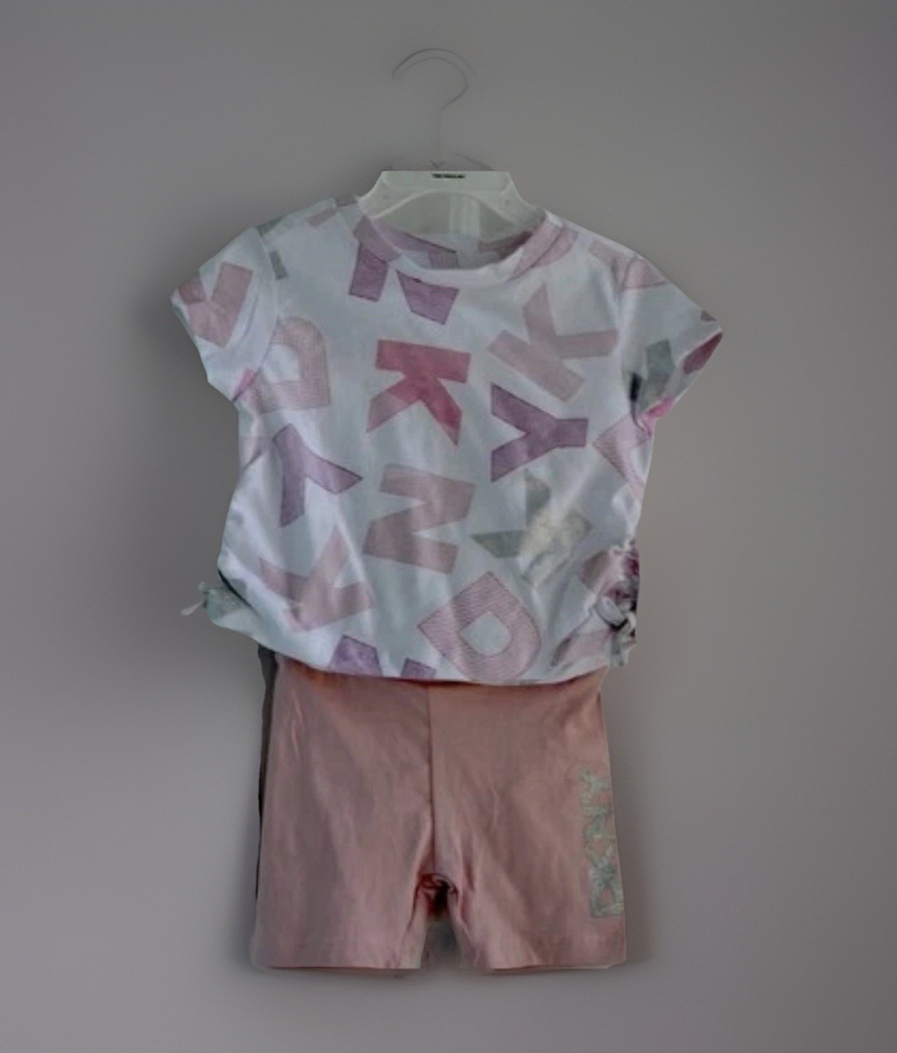 DKNY Baby Pink top Fringe Embellished Logo & Biker Shorts Set Girls 2T 3T New