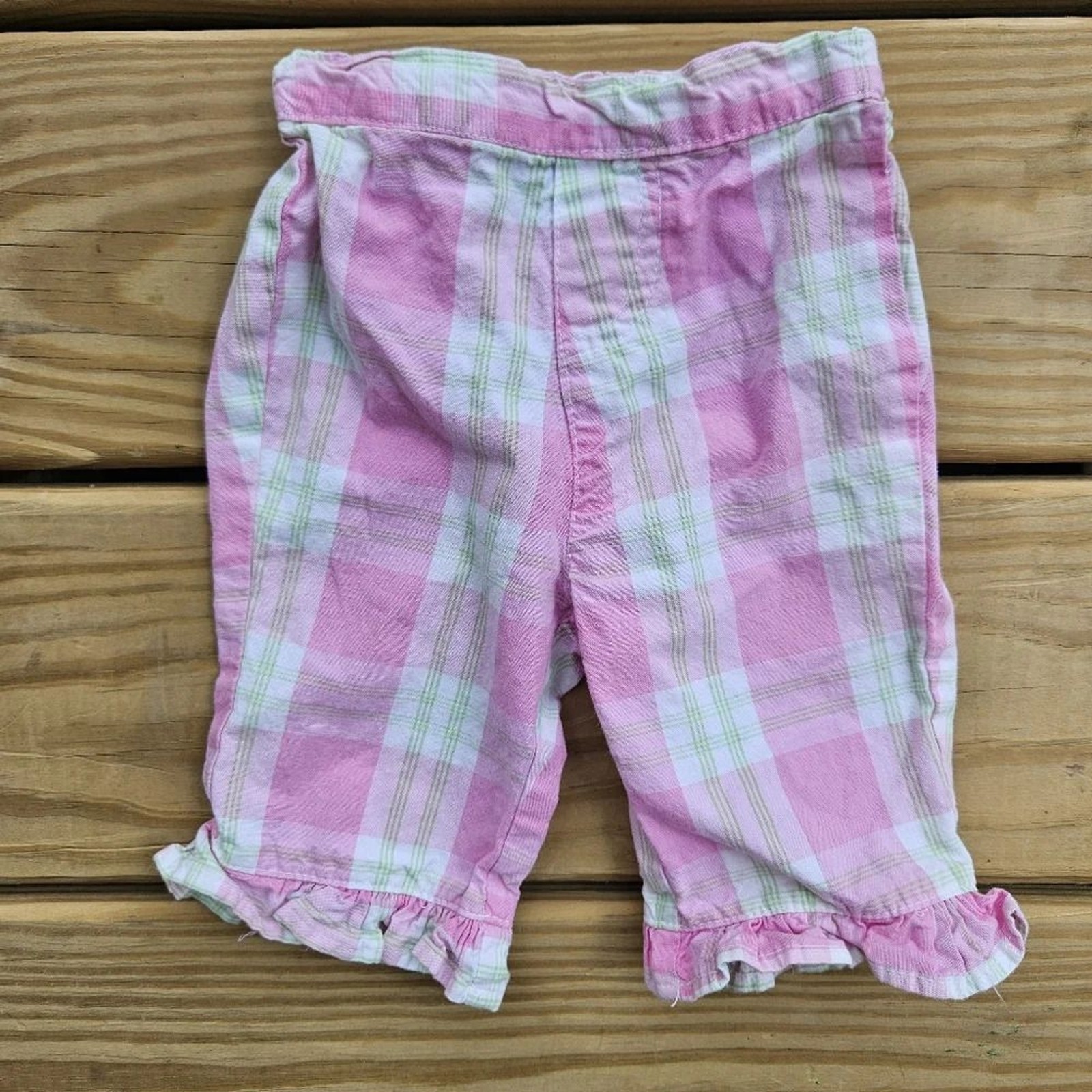Specialty Baby Girl Outfit Green Top with Pink Plaid Capris 6-9M