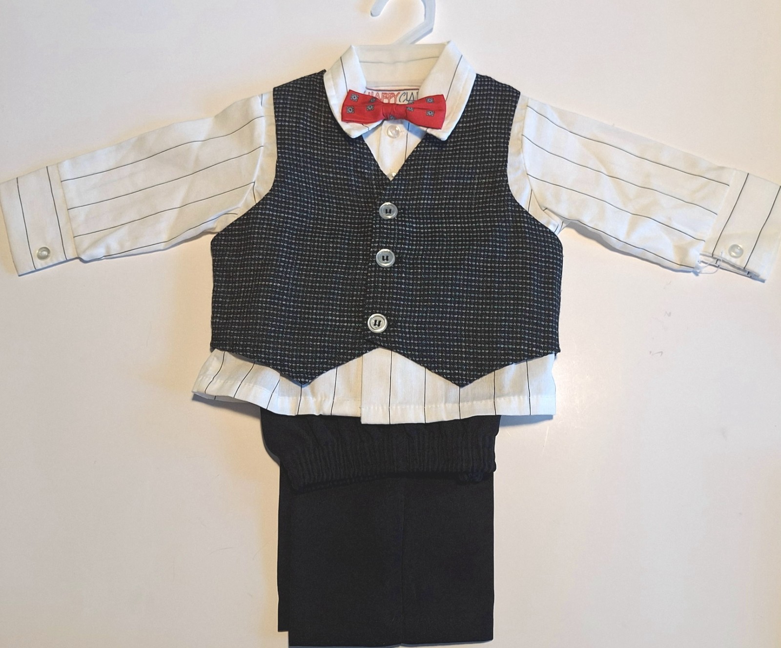 VTG Happy Clad Size 12m Baby Boy 4pc Black/White Suit Pants/Shirt/Vest/Bow Tie