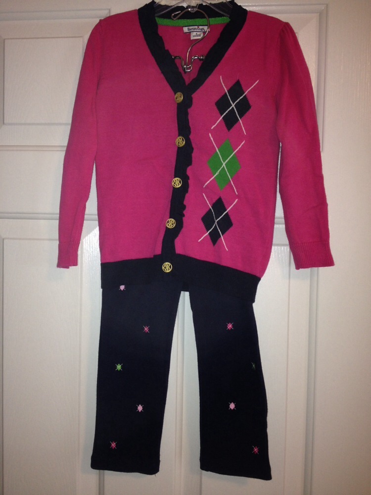 Hartstrings Argyle Pink Cardigan Sweater & Embroidered Leggings Pants Girls 4