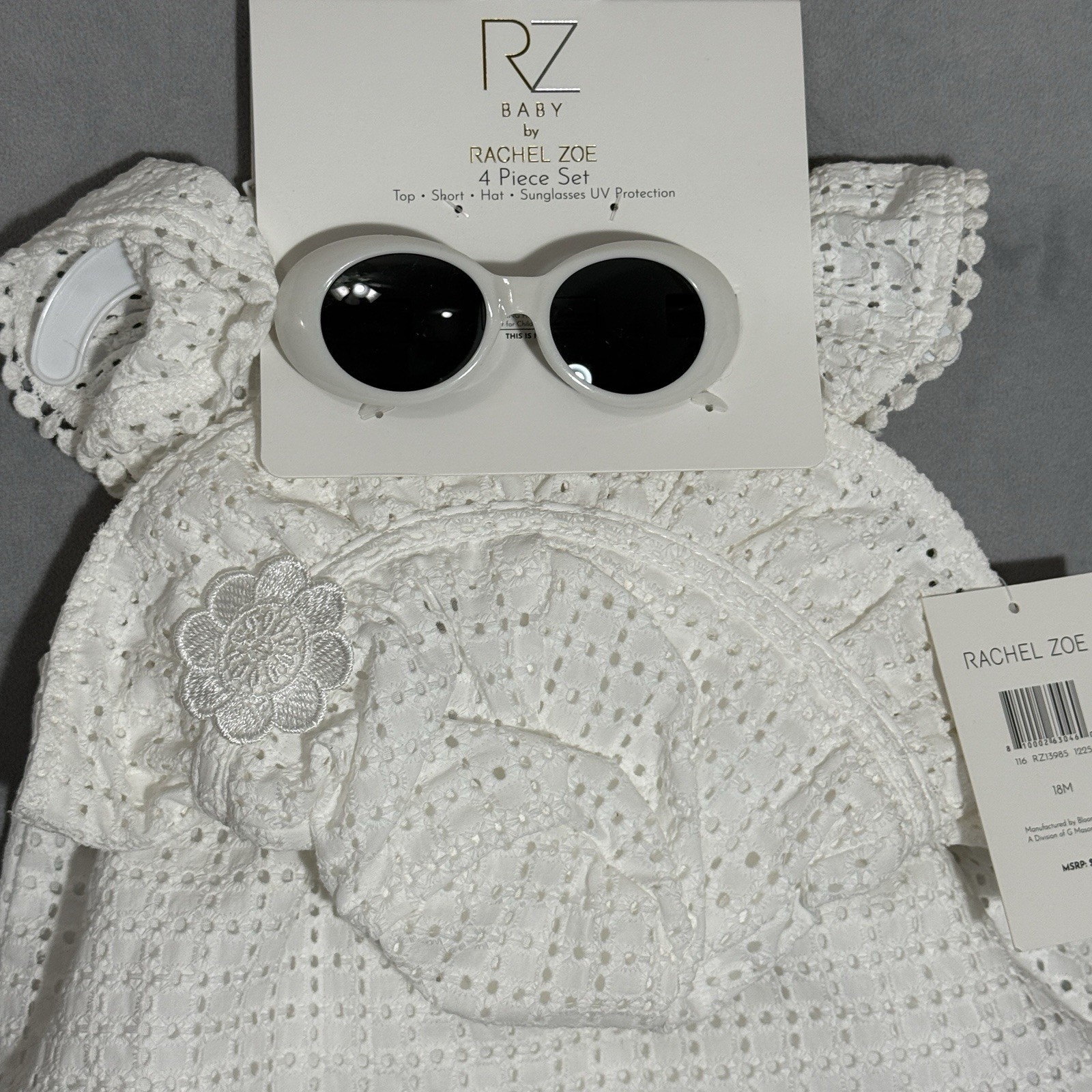 Rachel Zoe RZ Baby Girl 4-Pc Outfit 18M White Eyelet Cotton Hat Sunglasses NWT