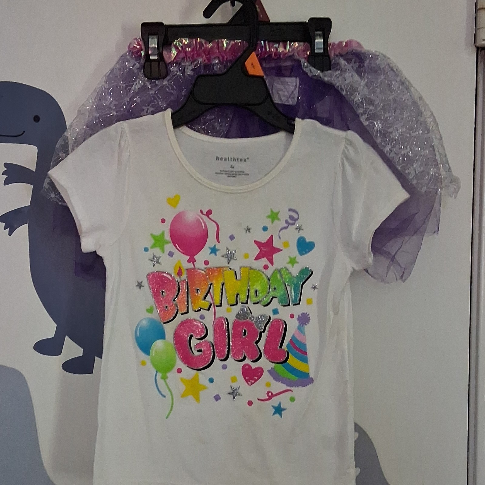 healthtex Girls 4T 2pc Birthday T-Shirt & Purple Tulle Tutu Skirt Glitter