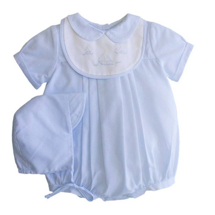 Petit Ami Blue Romper with Embroidered Sailboat Bib and Hat 3 6 9 Months