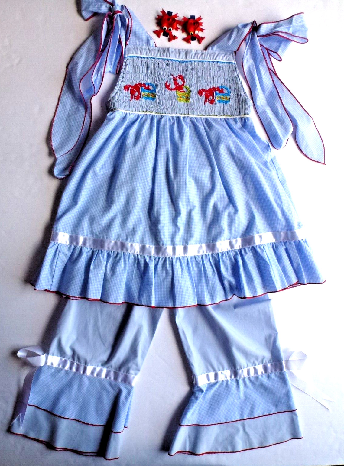 SZ 5 Boutique Hand Smocked Dress, Pants, Custom Hair Bow Set LOBSTERS Beach Pic