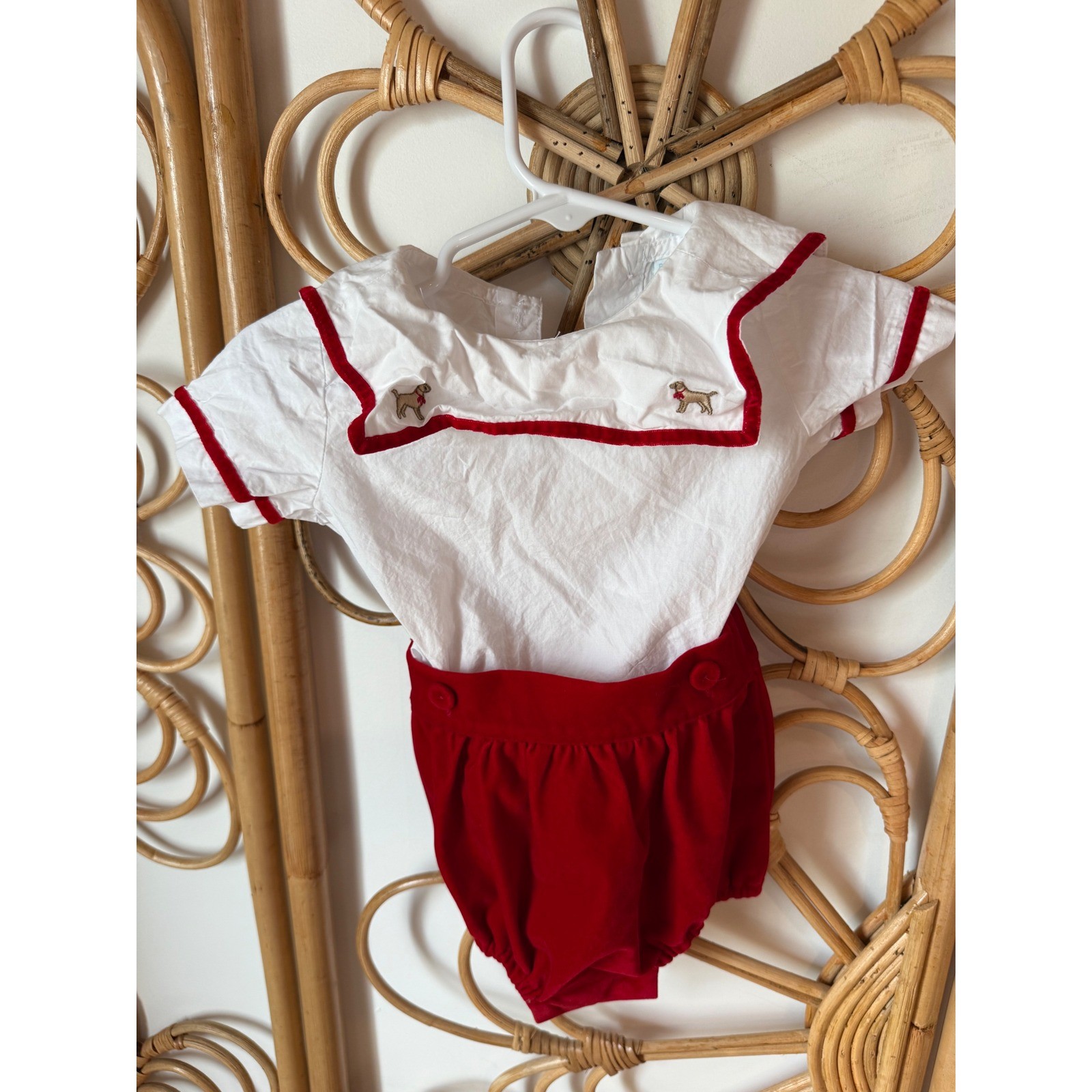 Rare Edition Little Sailor Dog Embroidered Baby Romper Red Velvet 6M
