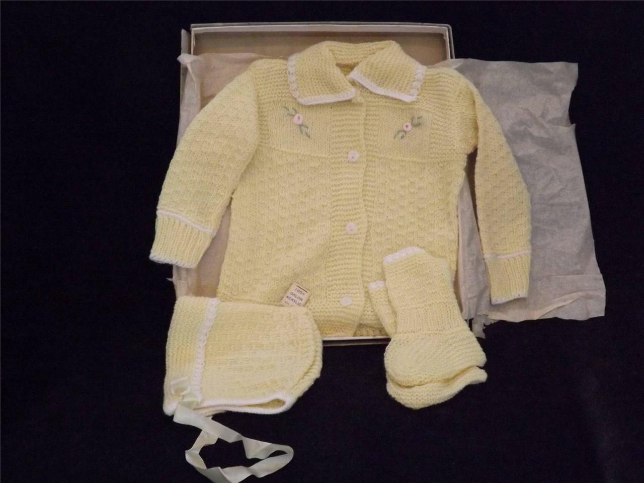 Baby Knit Sweater Bonnet & Booties Yellow 100% Orlon Acrylic New In Box