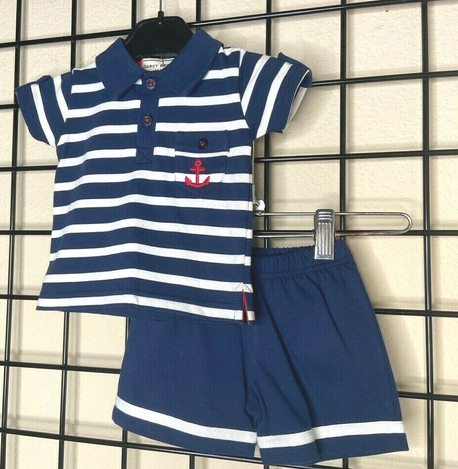 NWT NEW NAVY Blue/White 2PC short set London Designer “Darcy Brown” 3M (6/12M)