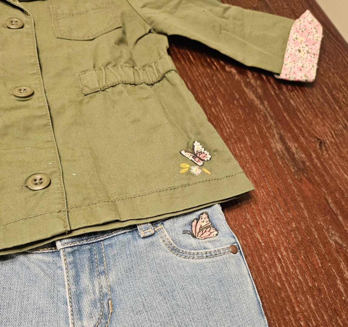 Carter’s Girls 2T 2Pc Outfit Olive Shirt Jacket & Floral Butterfly Jeans NWT