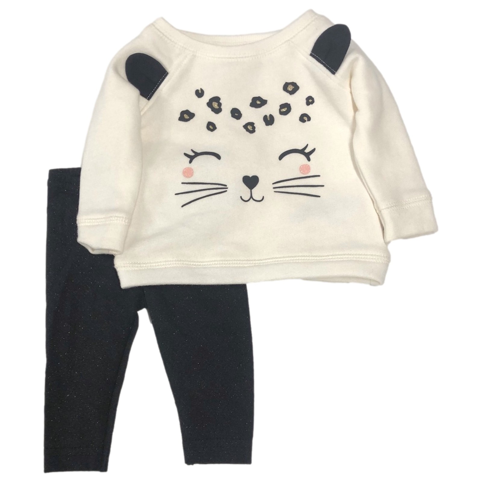 Carters Infant Girls Ivory Cat Sweatshirt & Black Glitter Gold Leggings 6M