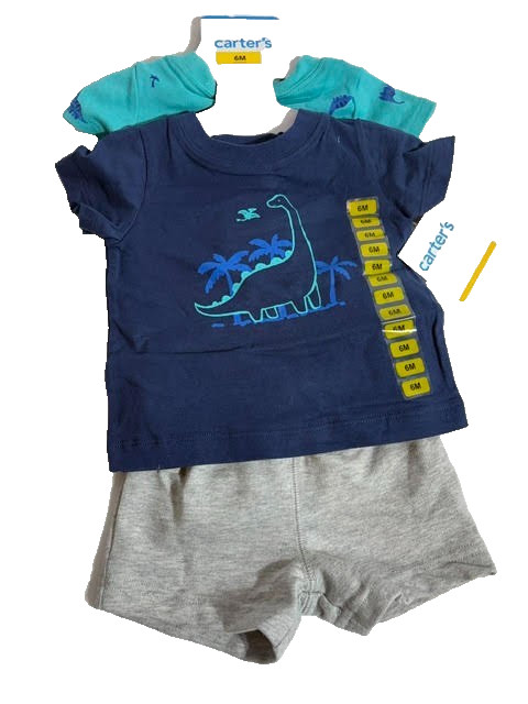 Carters Boys 3 piece outfit with blue dinosaur tshirt and grey shorts – 6M