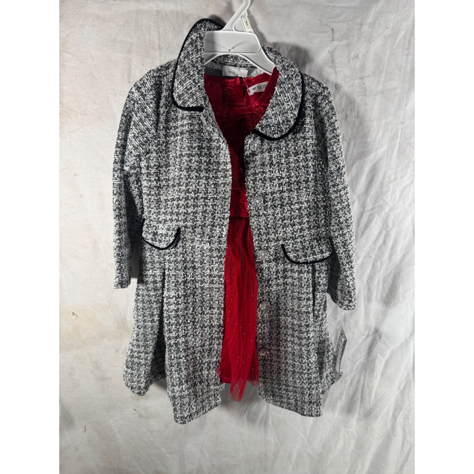 Nannette Kids 2pc Set Red Sequin Tulle Dress and Grey Tweed Coat Girls 3T NEW
