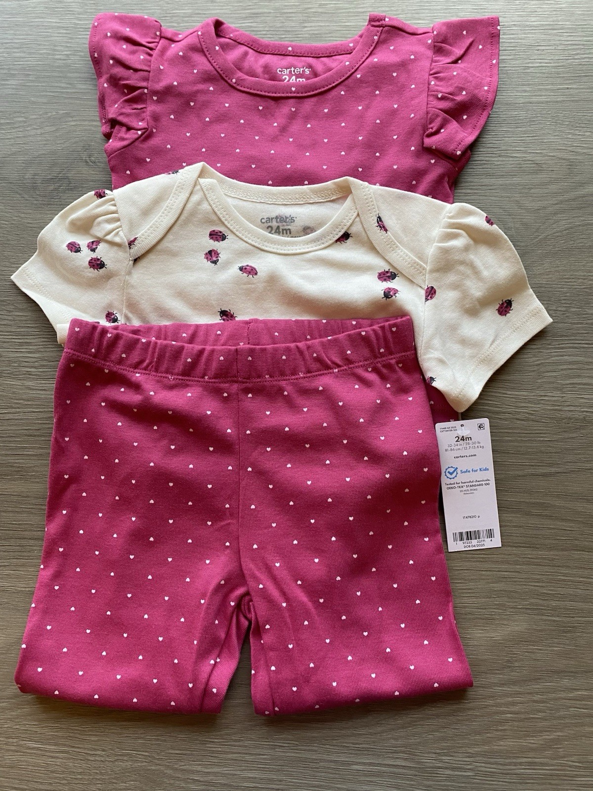 Carter’s Girls 24M 3-Piece Pink/White Ladybug Pants Set Bodysuit Cotton