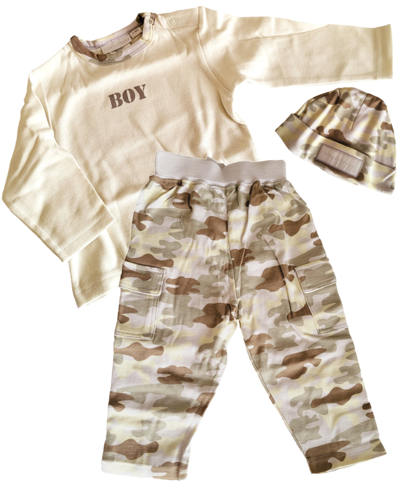 Camouflage Baby Outfit 3-Piece Pants Set LS Shirt Hat Desert Tan Brown 0-6 Month