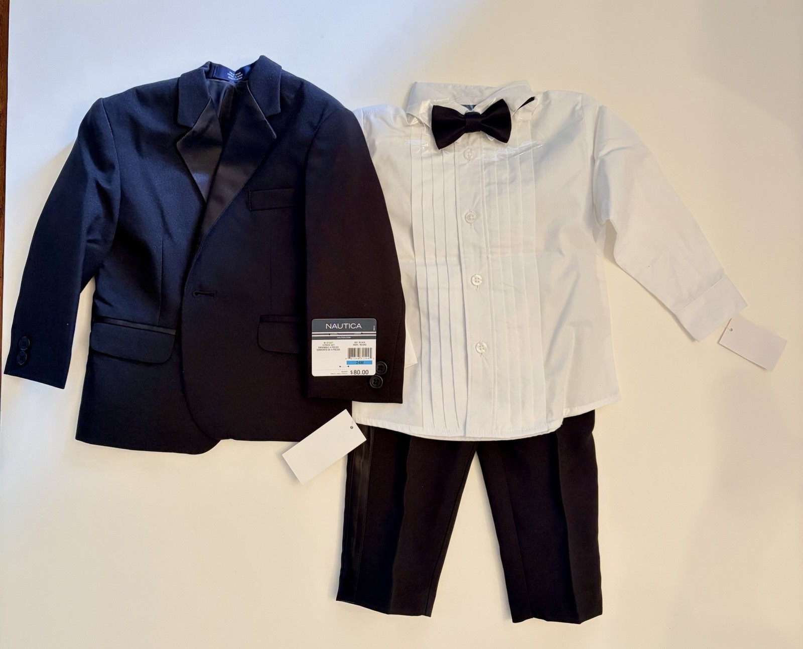 NWT Nautica Boys’ 4-Piece $80 Tuxedo Set Dress Shirt Jacket Pants Bow Tie SZ 24M