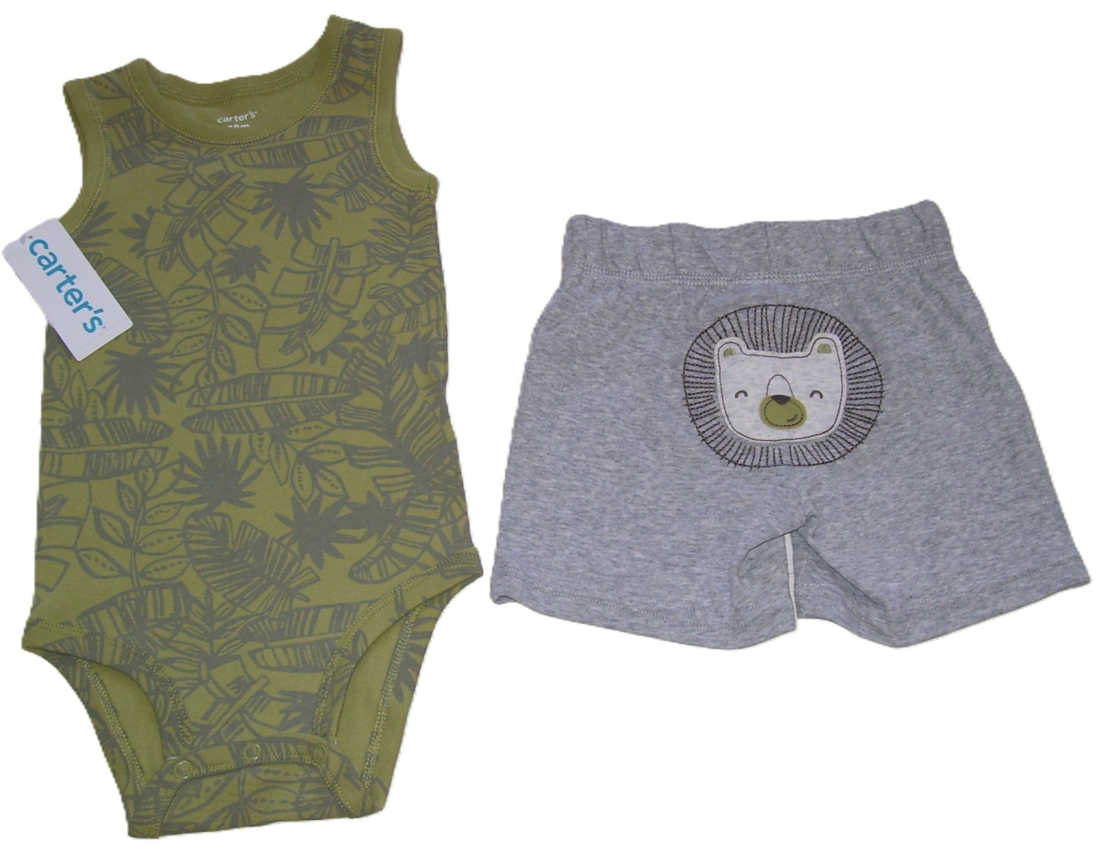 Boys Carter’s 2 Pc Green Jungle Bodysuit Turn Around Gray Lion Shorts Outfit 18M