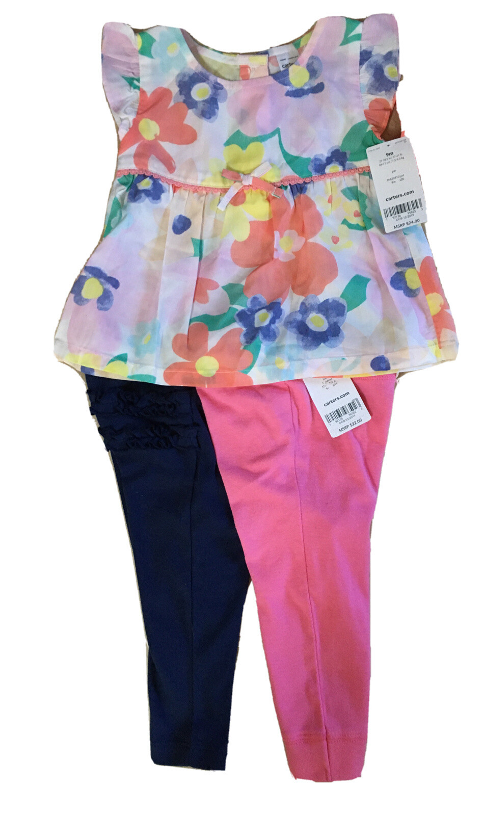 Carter’s Baby Girl 9 Months 3pc Floral Ruffled Top With Navy & Pink Leggings $46
