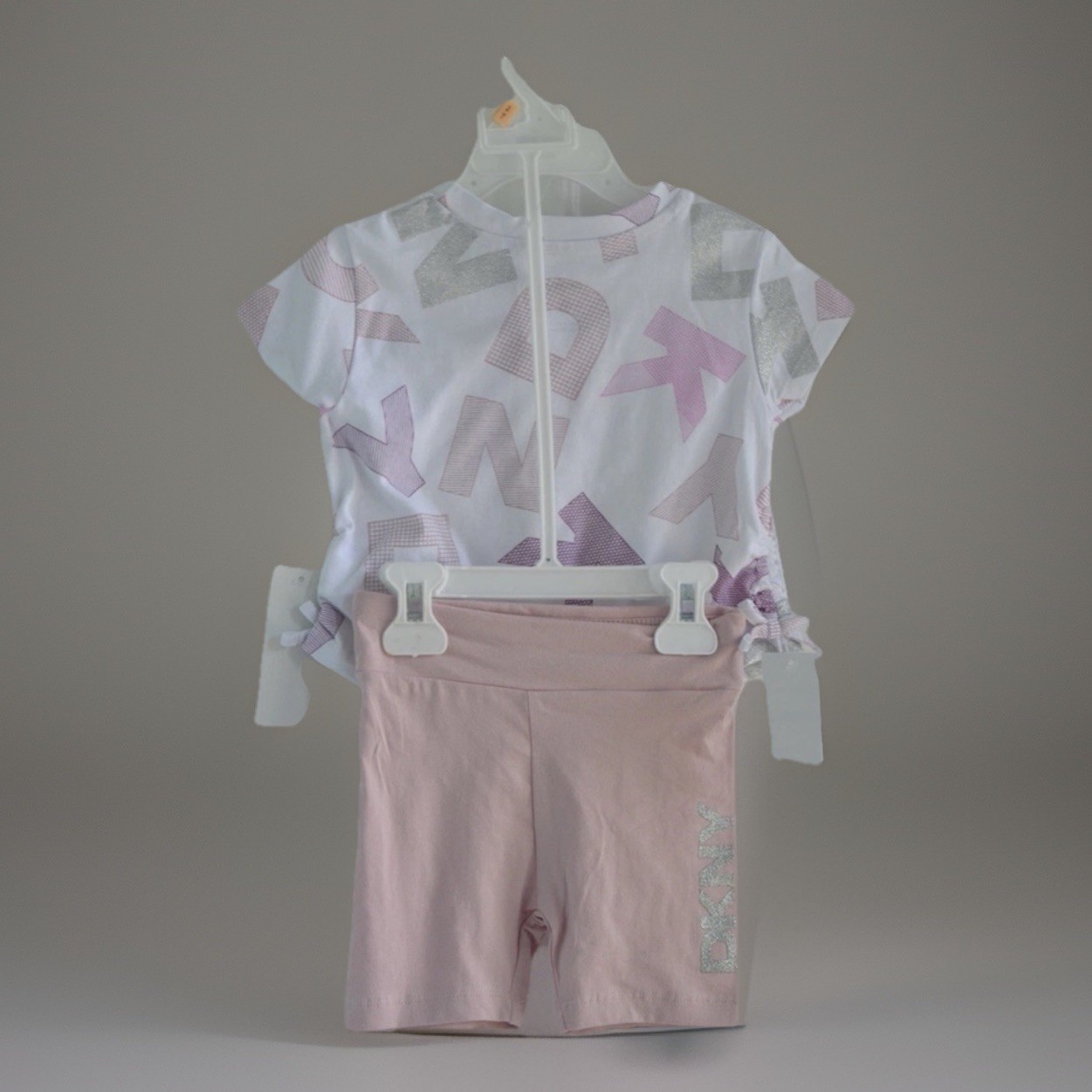 DKNY Baby Pink top Fringe Embellished Logo & Biker Shorts Set Girls 2T 3T New