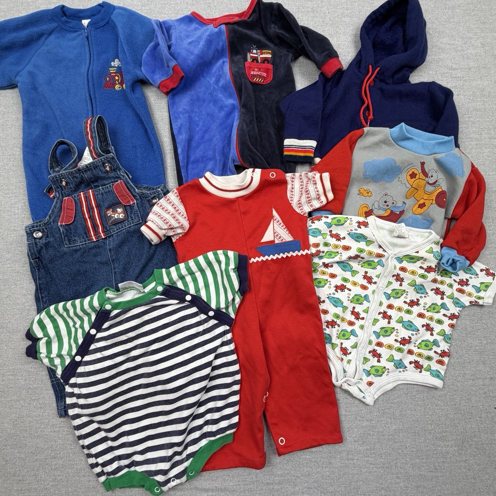 Vintage 6-9M Y2K Baby Boys Transportation Themed Lot 8 Pieces Boat Train Plane