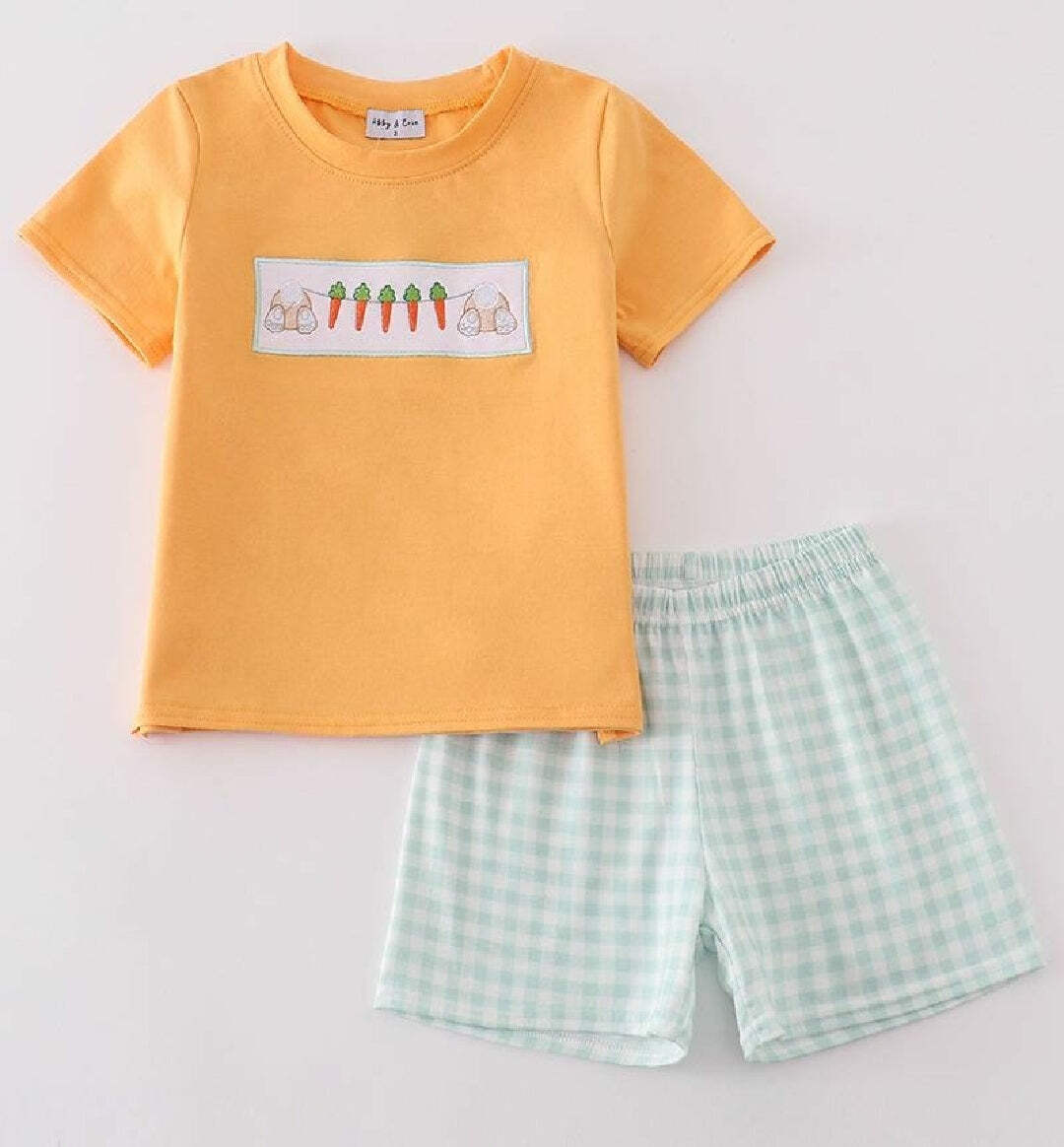 Boy’s Boutique Orange Green Easter Bunny Applique Checkered Embroidered Two Piec
