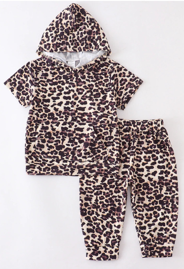 Baby/Toddler Leopard Hoodie Set – Short Sleeve Top & Cropped Joggers – 6M to 4T