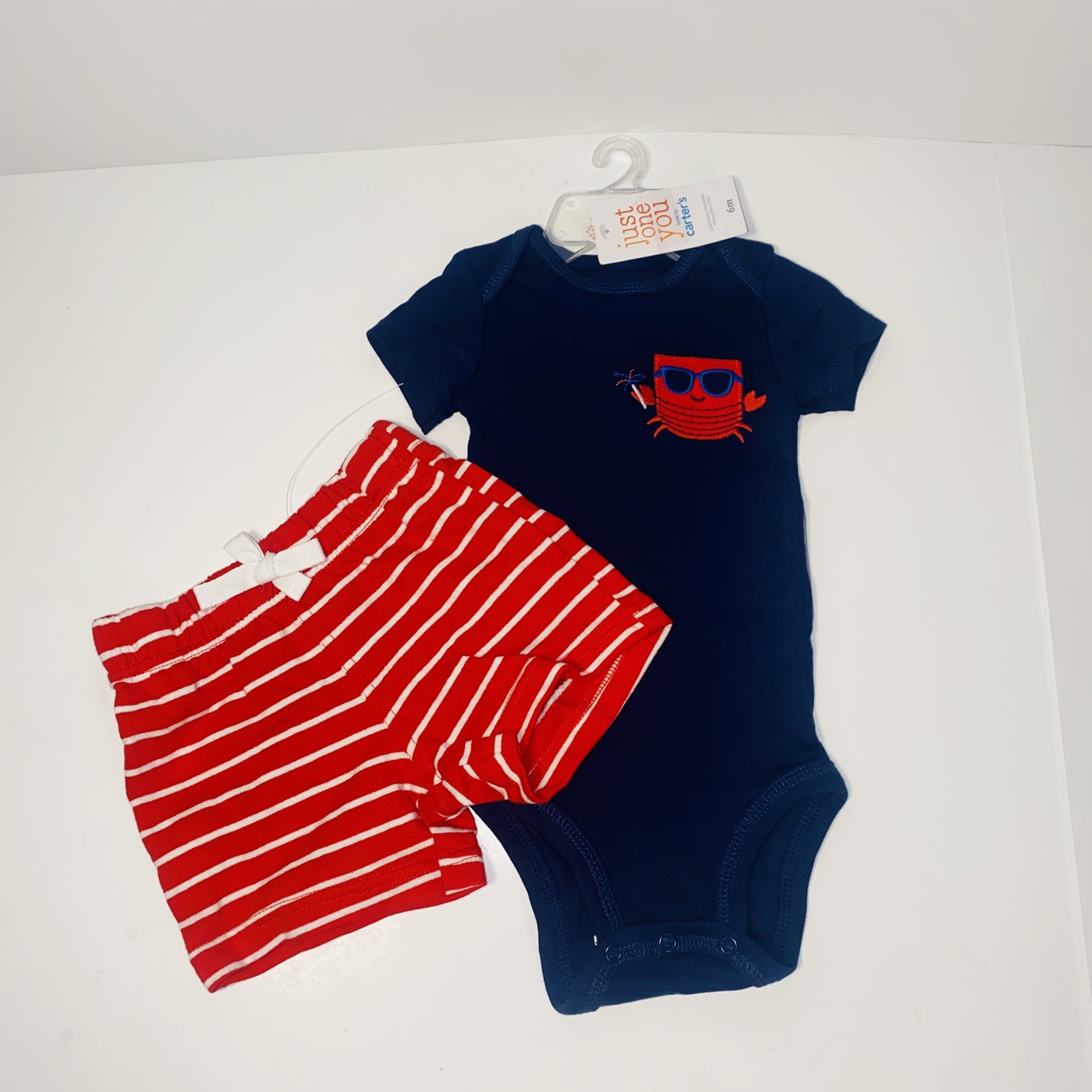 Carter’s Baby Boy Sz 6M 2 Piece Red Blue Crab Bodysuit Short Set New Patriotic