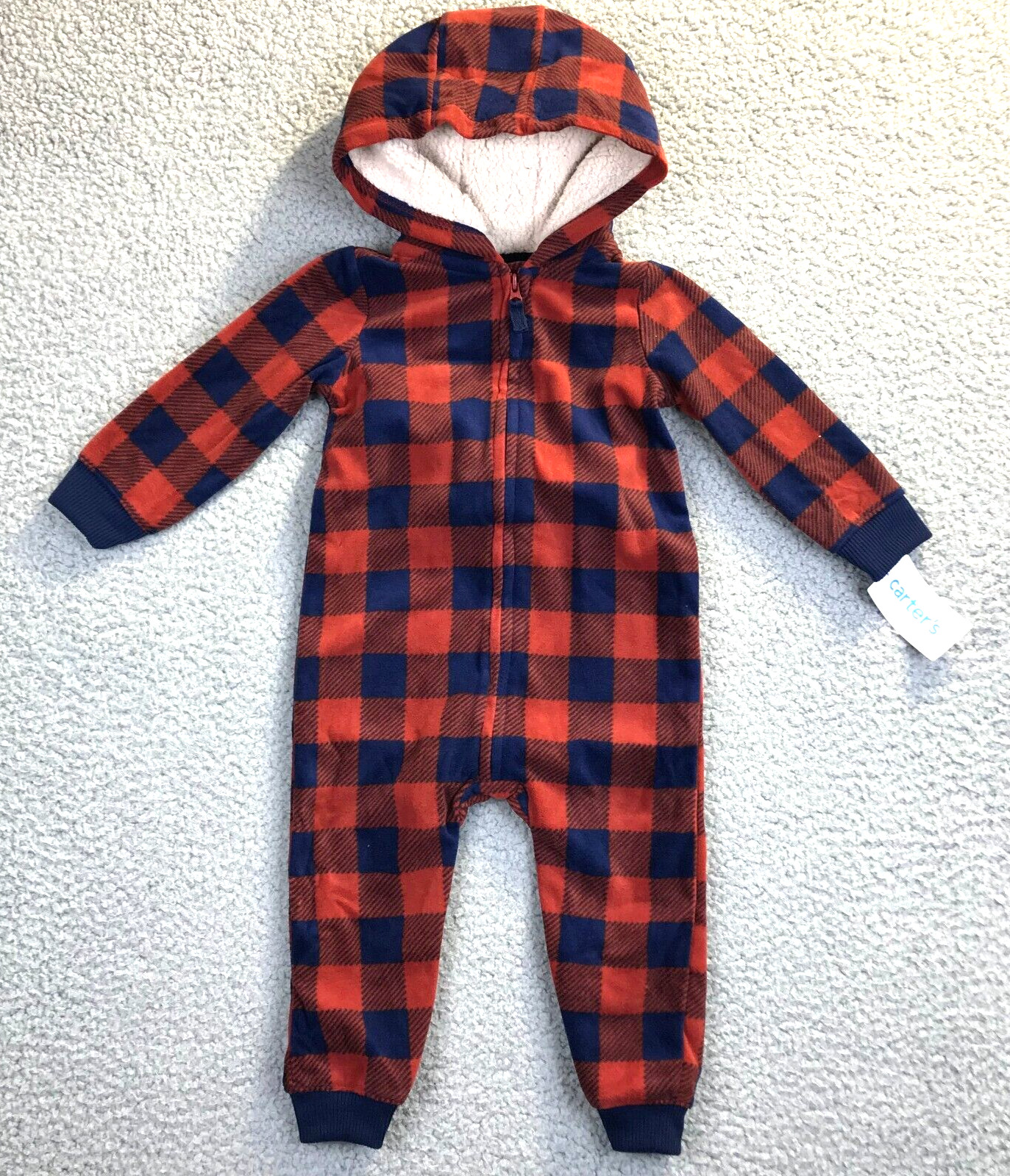 Carter’s Baby Boy Hooded 18 Mos Jumpsuit Outfit Rust Navy Plaid Soft Fleece NWT