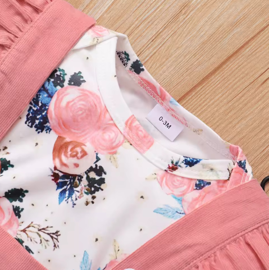 Pink Baby Girl Clothes Set Floral Print Long Sleeve Top Suspender Skirt Headba