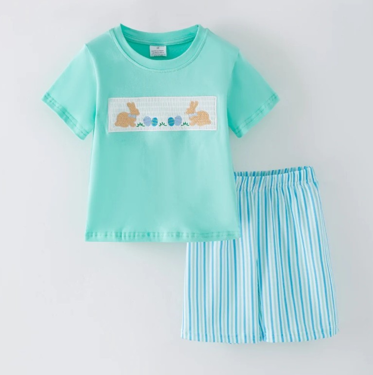 NEW Boutique Easter Bunny Rabbit Train Smocked Boys Shorts Outfit Set