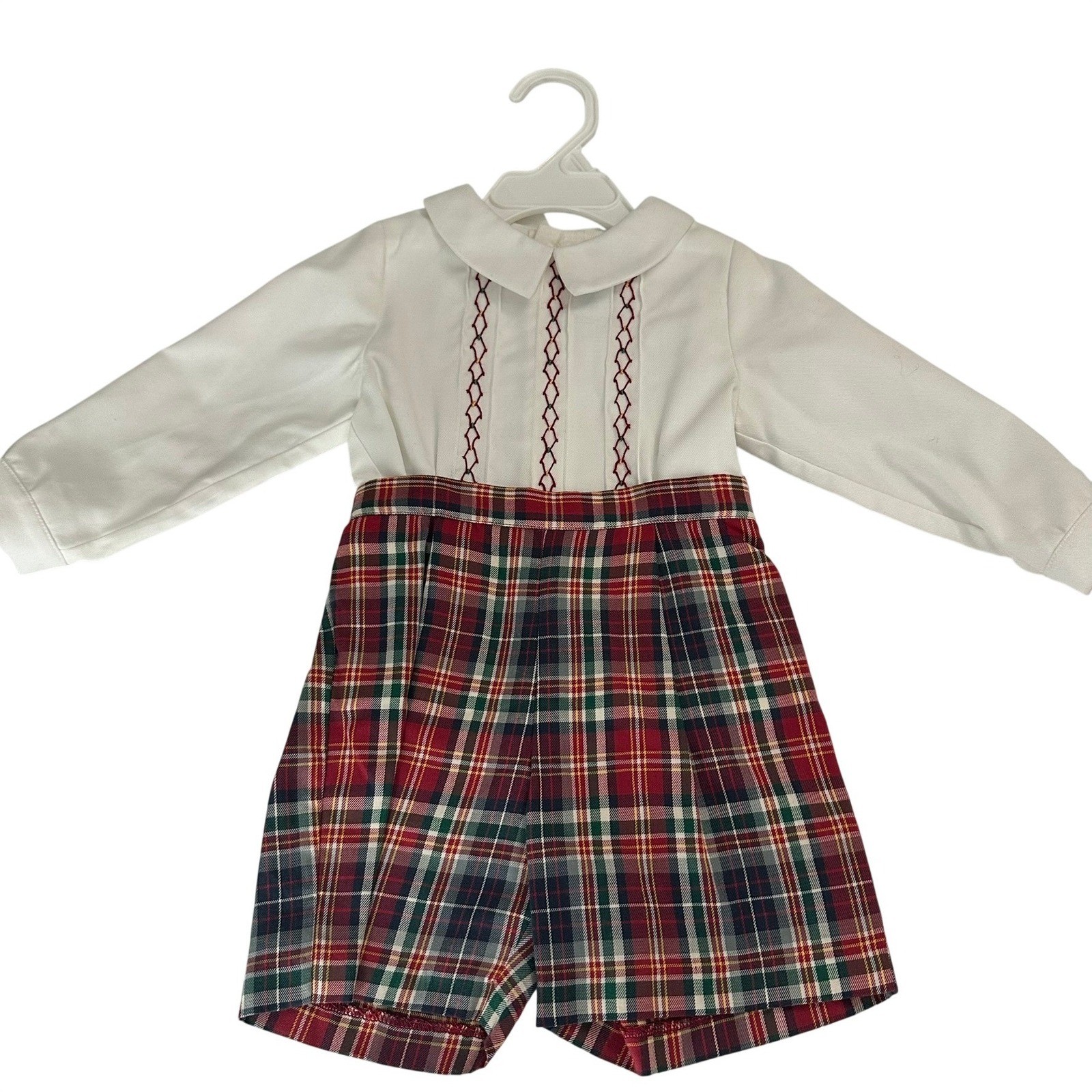 Luli & Me Baby Boy Plaid Shorts Set Smocked Shirt Red Green White 9M Heirloom