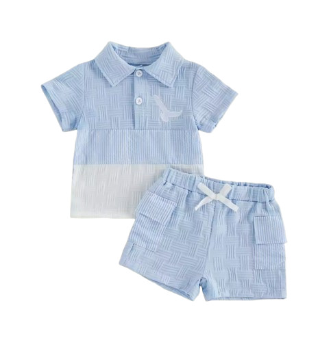 Toddler Boy Bird Embroidery Lapel Collar Short Sleeve Top with Elastic Shorts