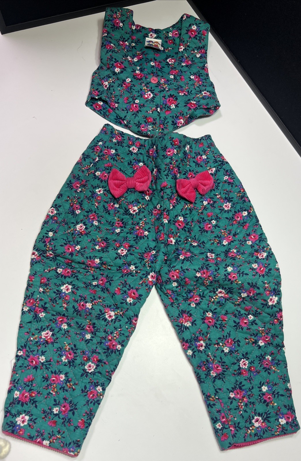 Pete’s Partner Quilted Vest & Pants W Bows Green 2T Vintage Baby Clothes