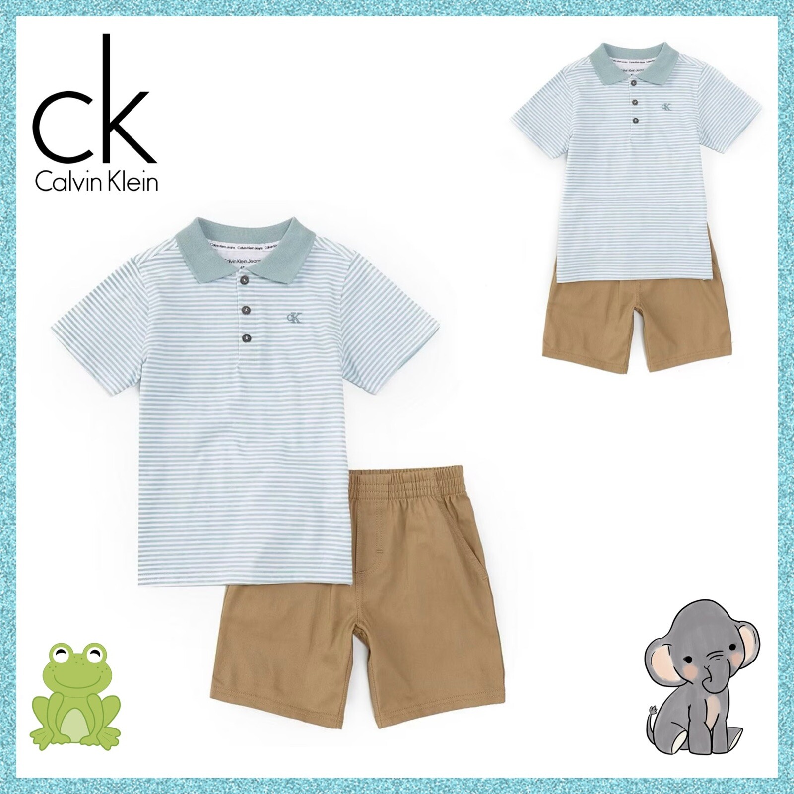 Calvin Klein Little Boys Short Sleeve Striped Jersey Polo Shirt & Shorts Set 18M