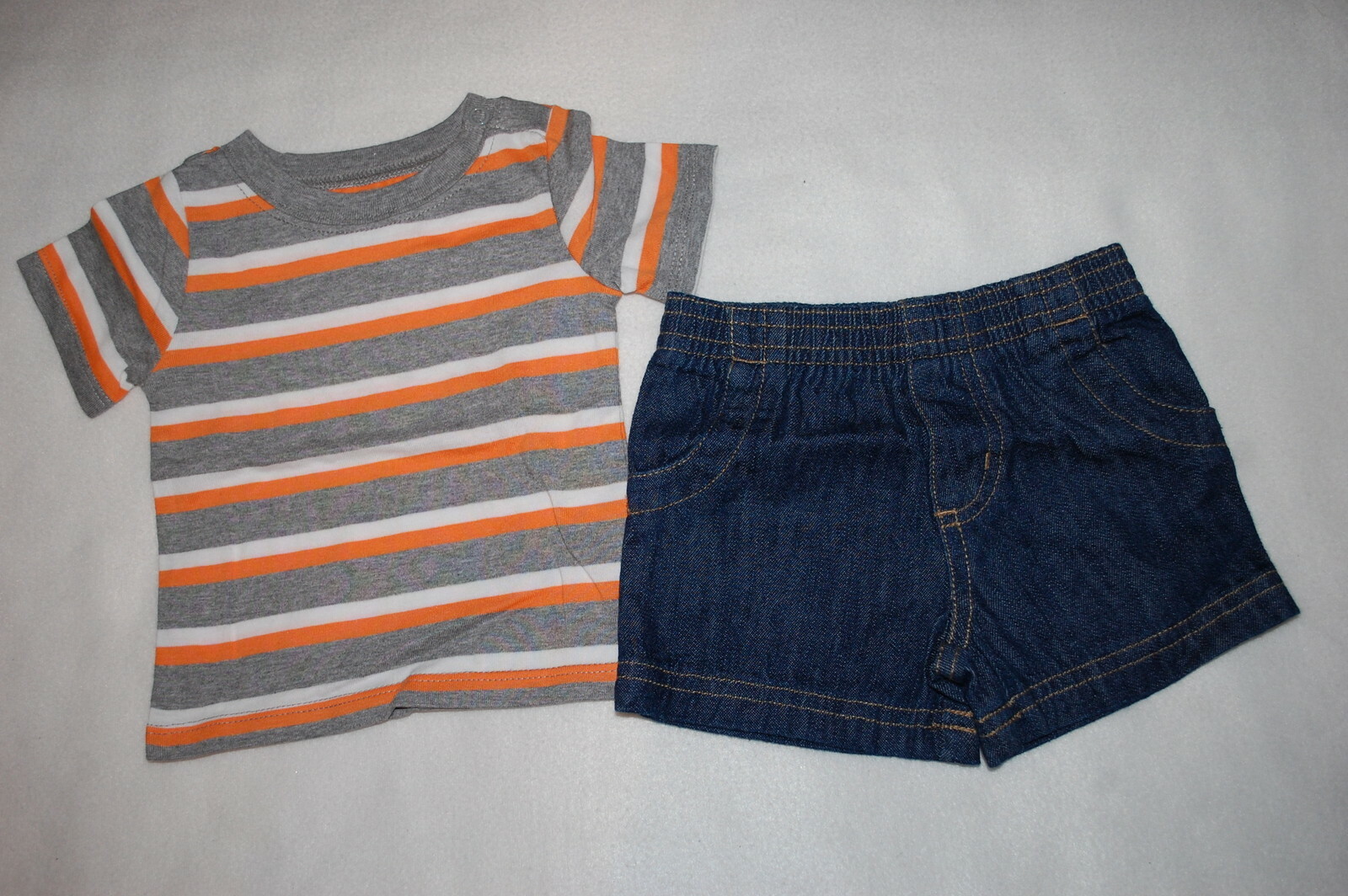 Baby Boys Outfit GRAY ORANGE WHITE STRIPED T-SHIRT Blue Denim Jean Shorts 0-3 MO