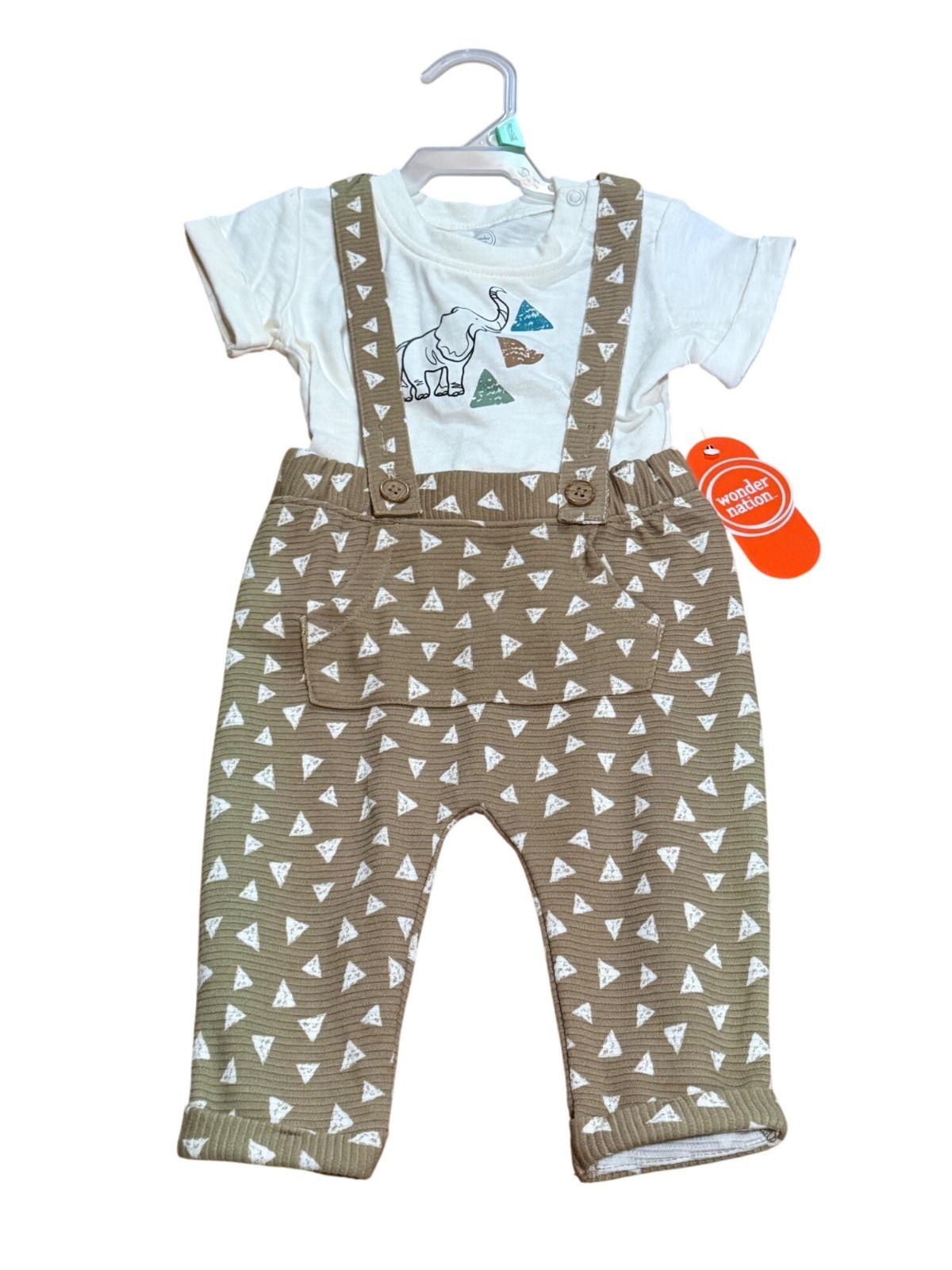 NWT Wonder Nation Baby Boys 6-9M 2Pcs Outfit Set Elephant AOP Shirt & Suspenders