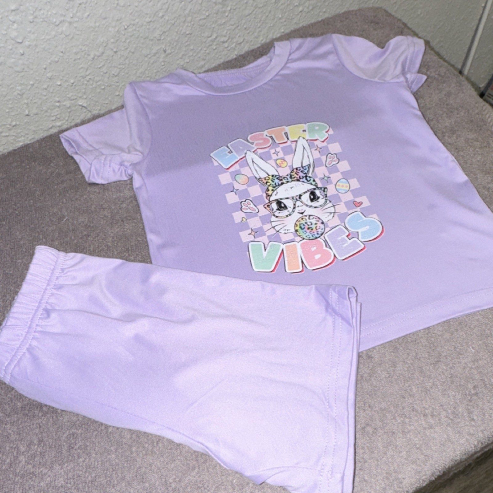 Lavender Easter Bunny Graphic Print Spring Outfit Set 3 T-Shirt Shorts