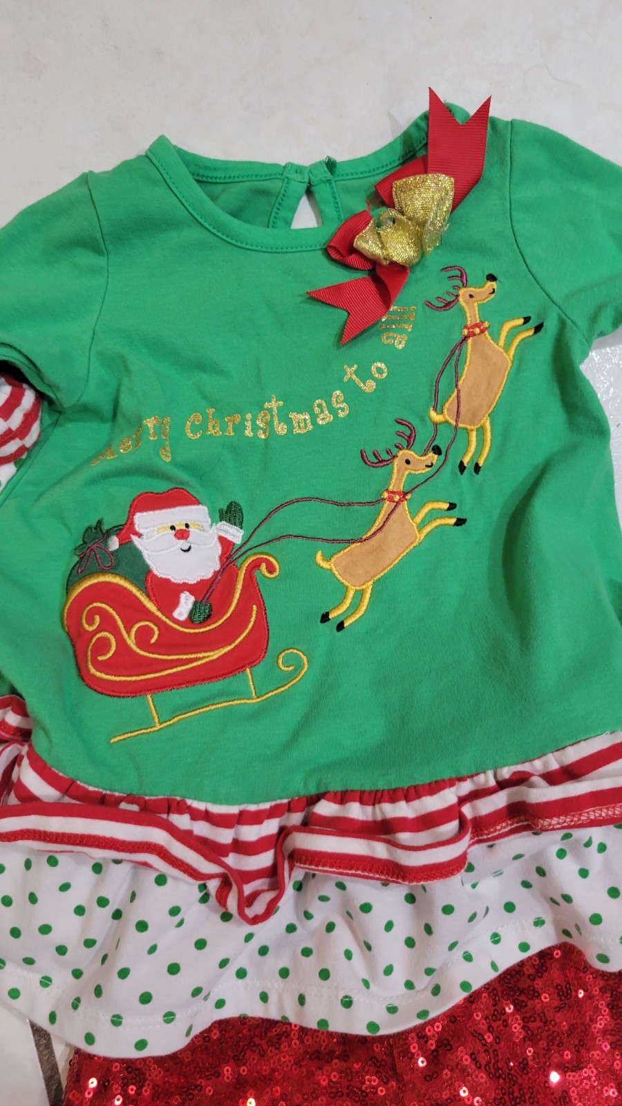 Santa Claus Girls Shirt and Sparkle Pants Size 9-12 Months Flared Long Sleeve