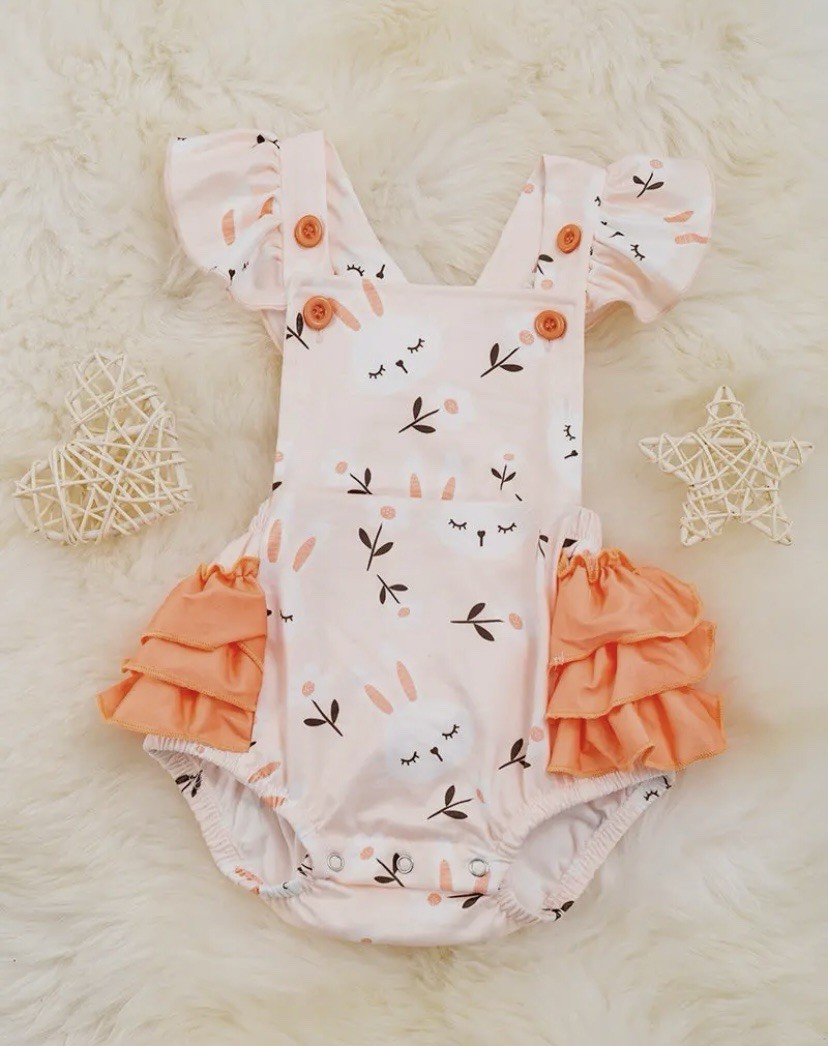 New Easter Bubble. Coral And Pink With Bunnies And Ruffle Bottom