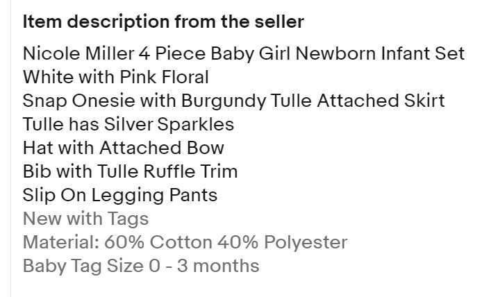 Nicole Miller 4 Piece Infant Girl Set Sz 0-3 months Dress Leggings Hat Bib NWT
