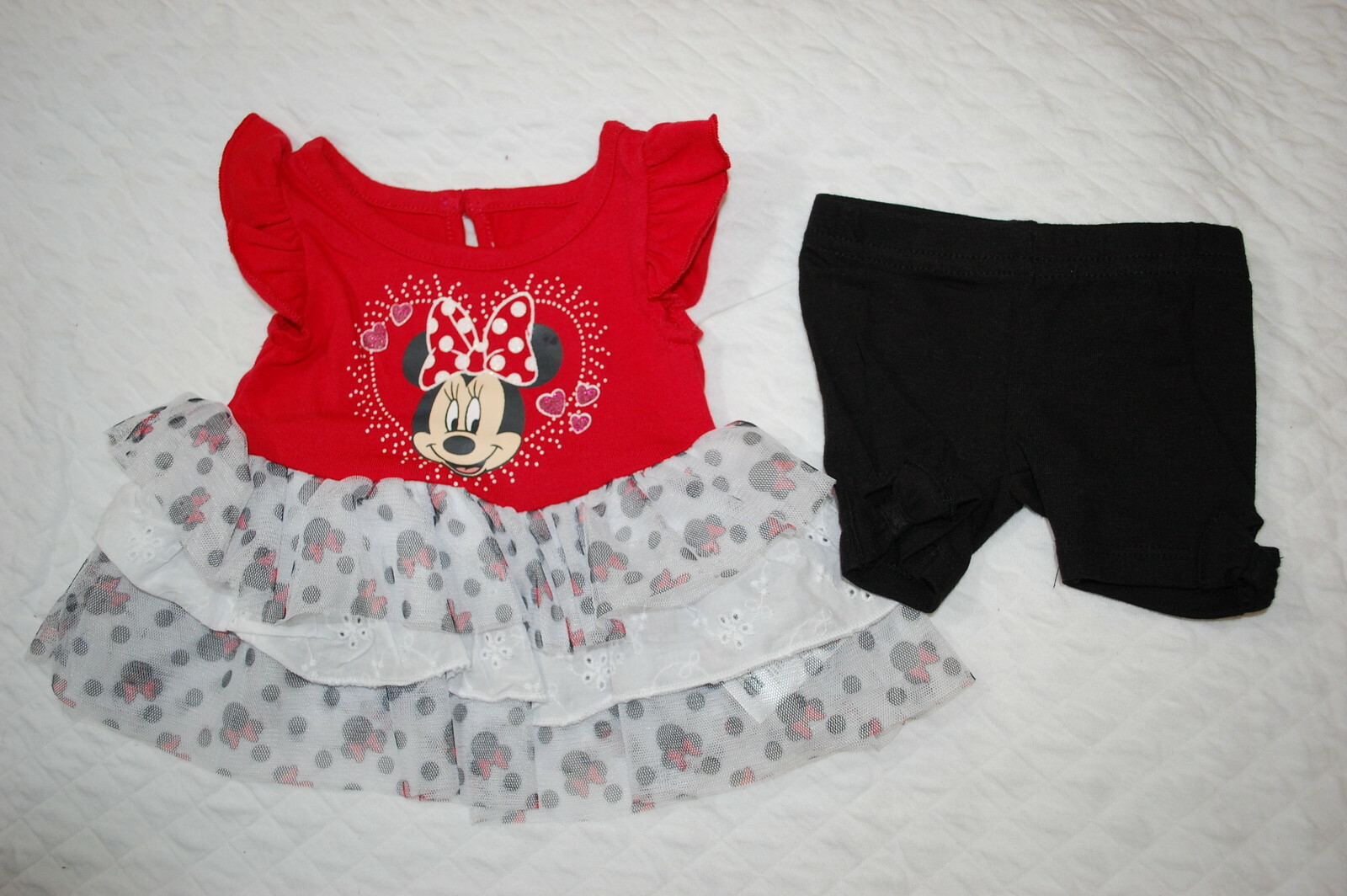 Baby Girls MINNIE MOUSE RED TOP Ruffle Layers GLITTER BOW Black Shorts 0-3 MO
