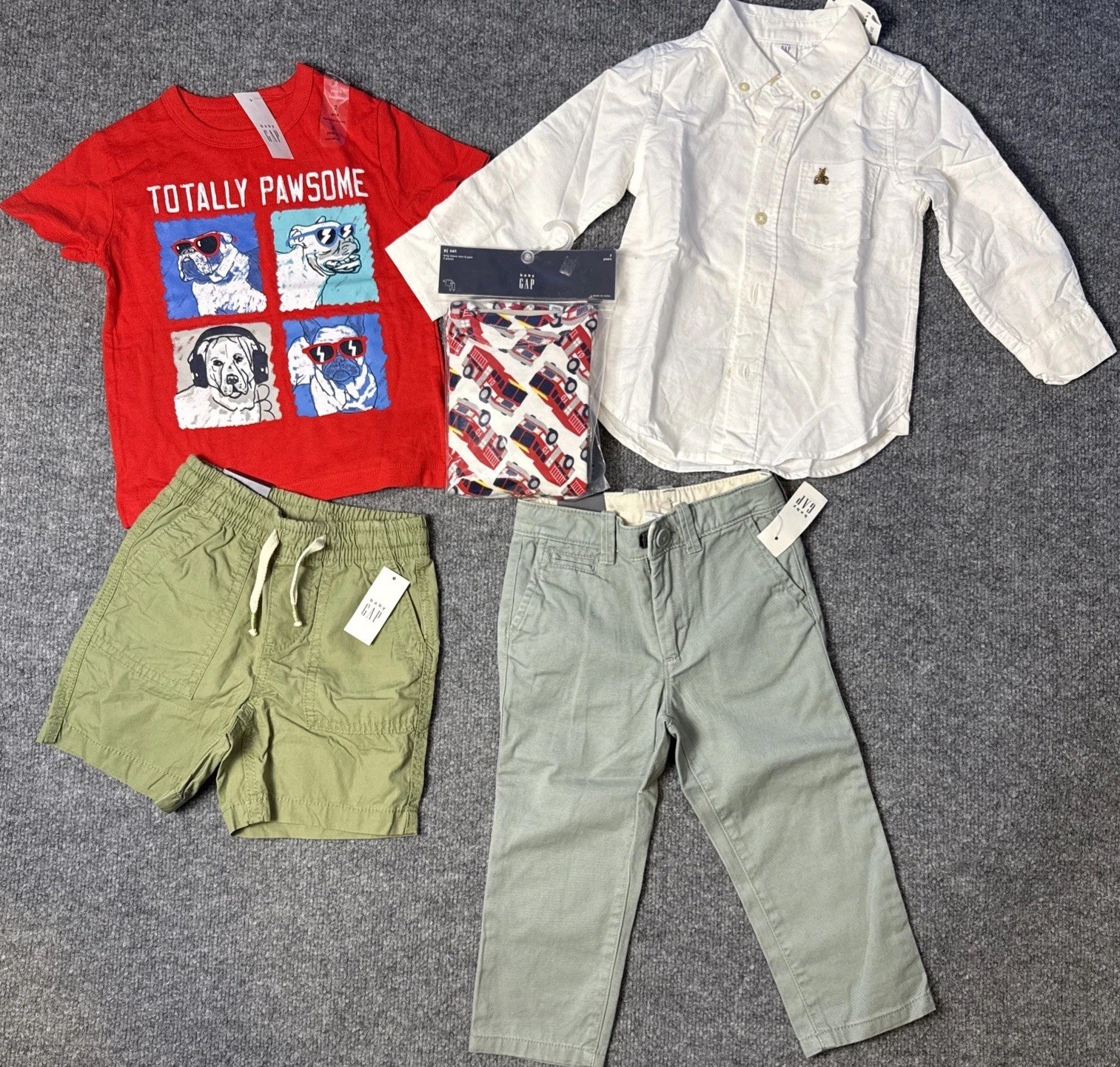 Baby Gap Boys 2T Khaki Pants/White Button Down/ Car PJs/ Shorts/T-Shirt Set NWT!