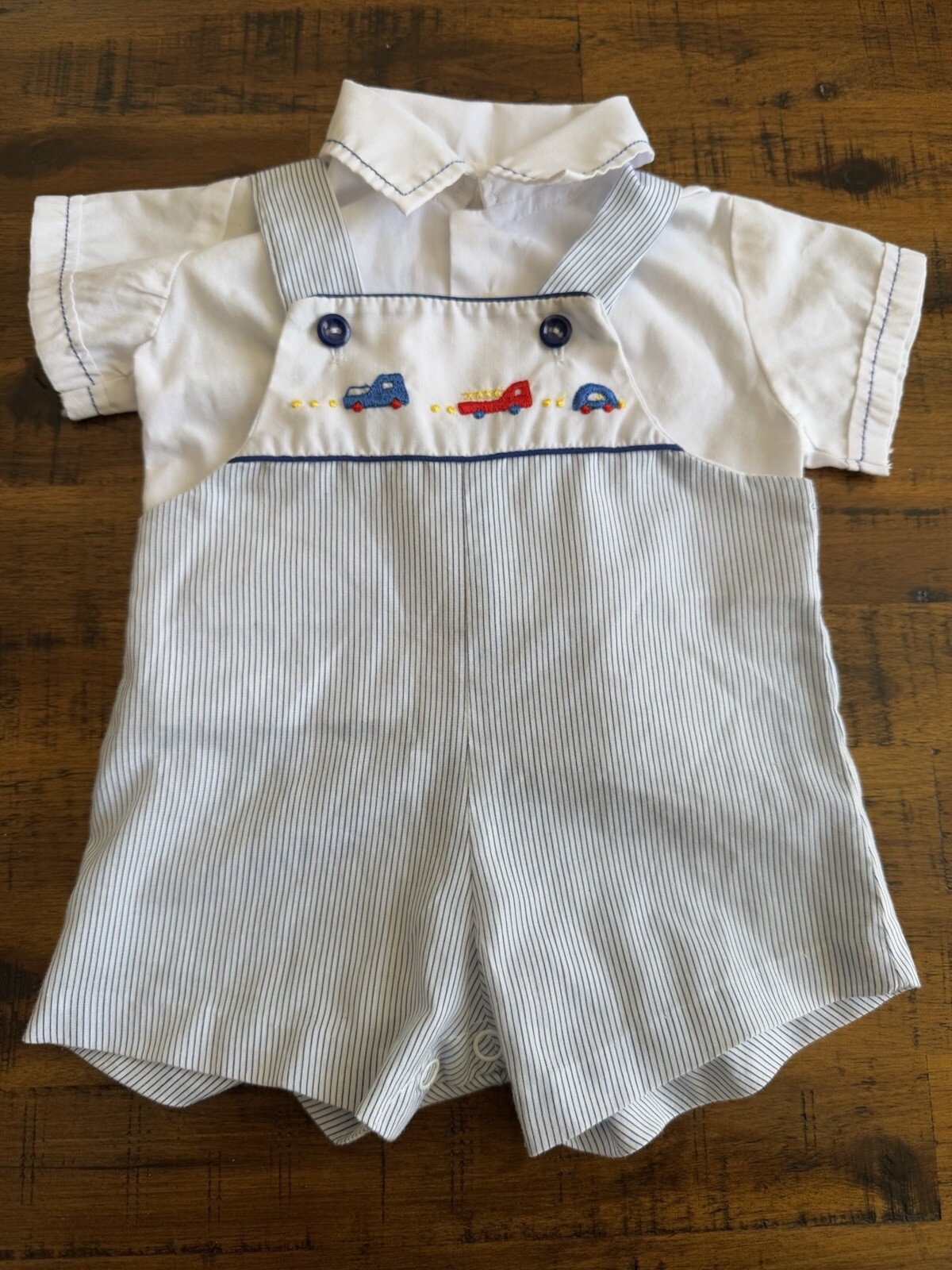 Vintage Cradle Togs Infant Romper Blue Pinstripe Cars