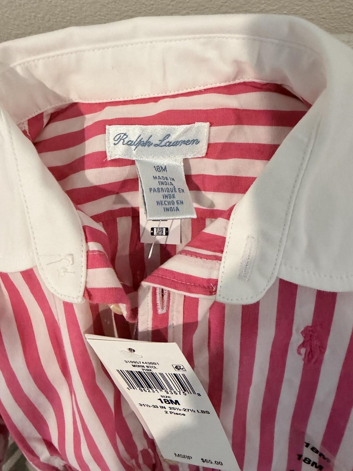 Ralph Lauren 2-Piece Pink White Striped Dress & Bloomers Set 18M Cotton Logo