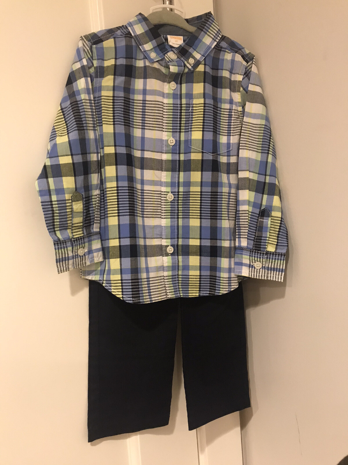 NWT Boys Gymboree Blue Checkered Dress Shirt & Linen Cotton Navy Dress Pants 3T