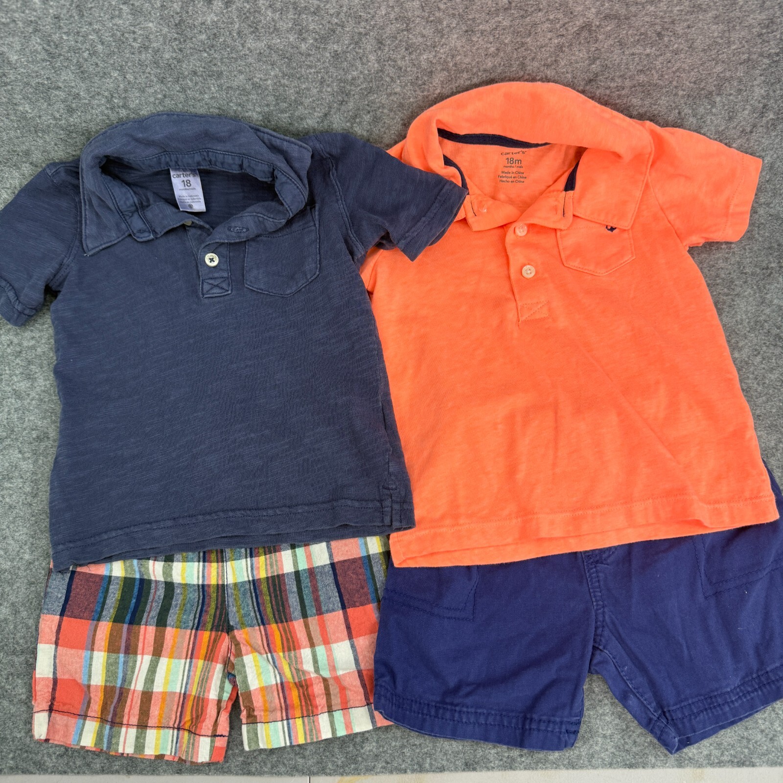 Carters Toddler Boy Shorts & Collared Shirt Outfits 18M Summer Blue Plaid Orange