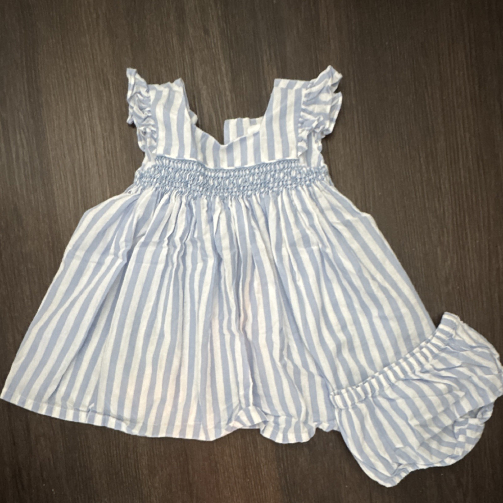 Edgehill Collection Blue White Striped 2 Piece Dress Set & Bloomers Ruffle Bow