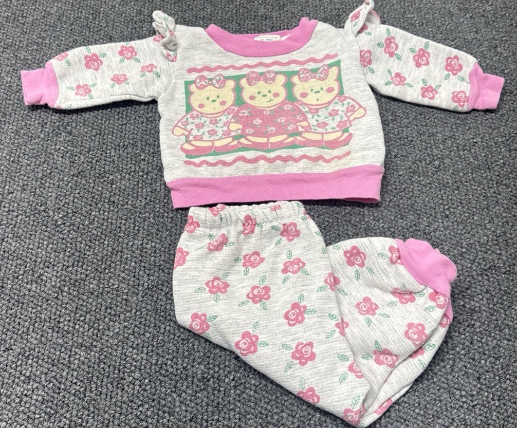 VTG 80/90’s AOP Outfit Bear Floral Ruffle Retro Girls Outfit 18M Hopscotch