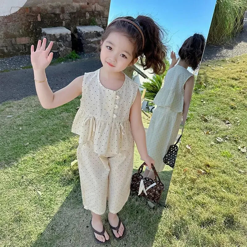 Girl’s Casual Clothing Sleeveless Top+Wide Leg Pants Set with 2PCS Set Childrens